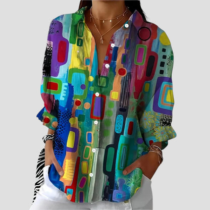 Dominique | Elegant geometric print blouse with modern breezy sophistication