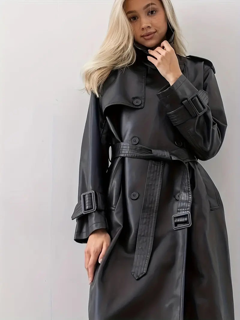 Edith | Women's Long Belt-Wearing Faux Leather Trench Coat