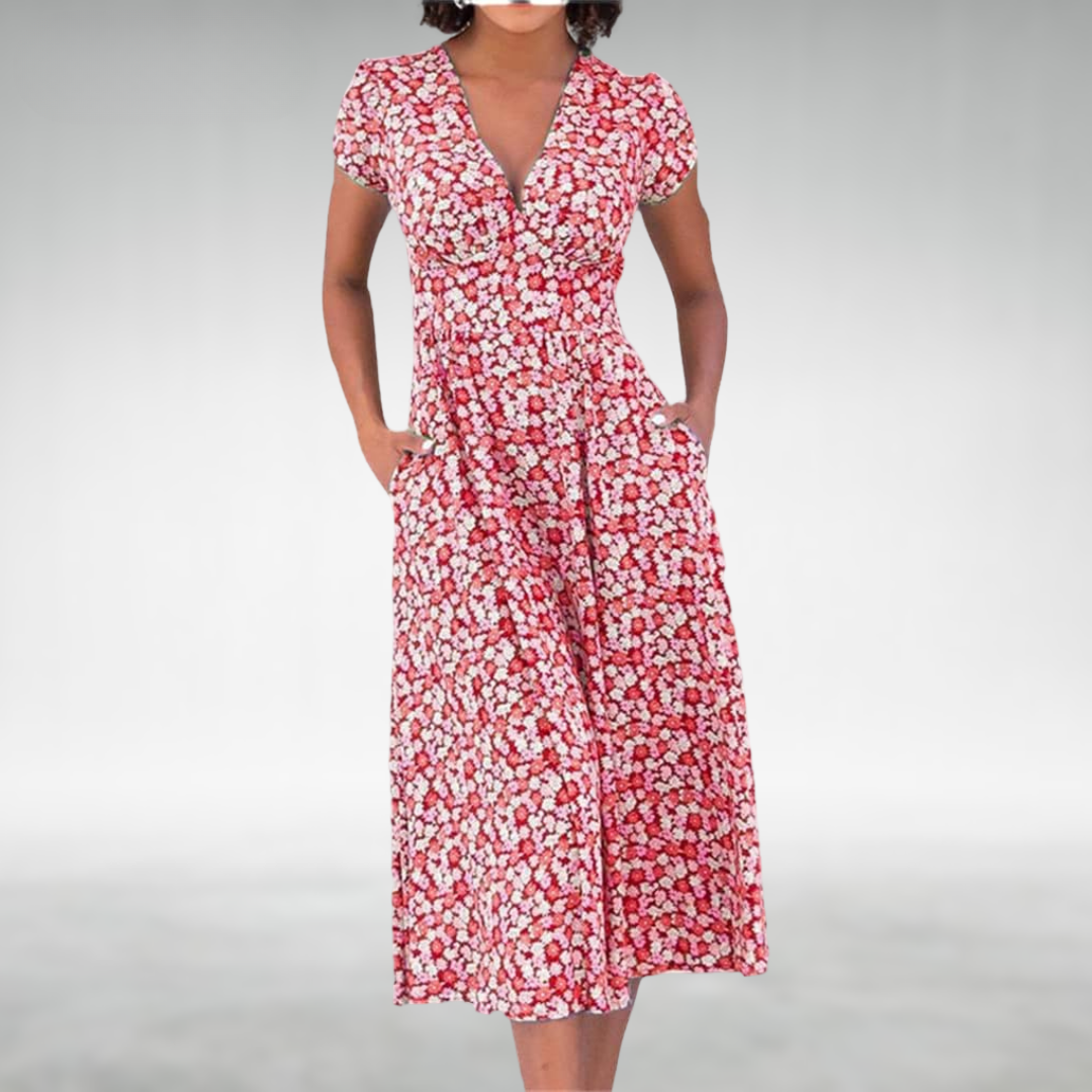 Julia | Women's Floral V-Neck Midi Dress with Pockets