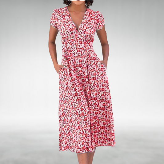 Julia | Women's Floral V-Neck Midi Dress with Pockets