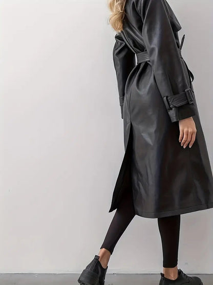 Edith | Women's Long Belt-Wearing Faux Leather Trench Coat