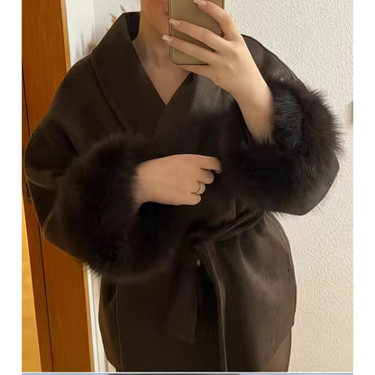 Daniela | Women's Coat with Belt and Faux Fur Sleeves