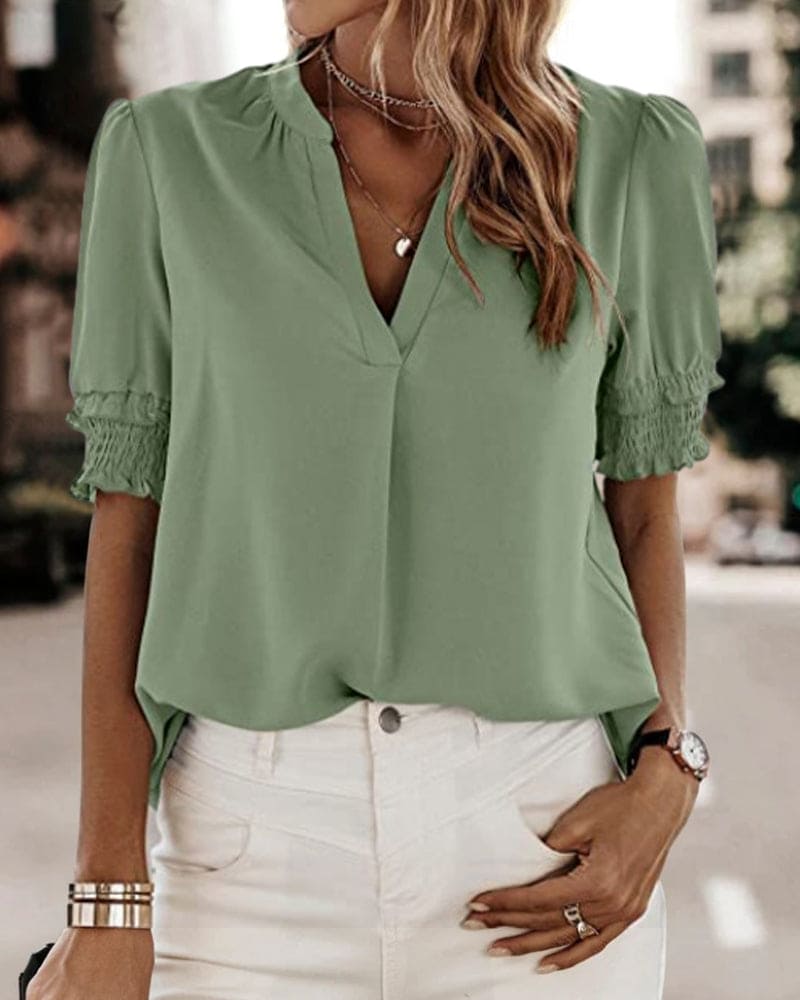 Maya | Fuchsia V-Neck Puff Sleeve Top