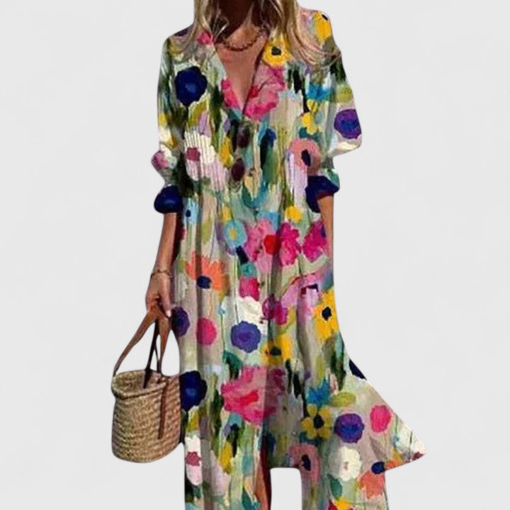 Edith | Women's Floral Button Placket Front Midi Dress