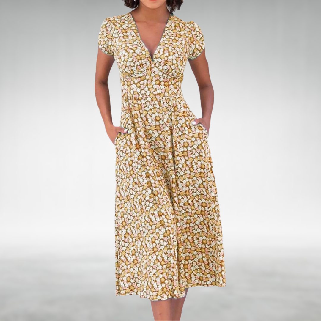 Julia | Women's Floral V-Neck Midi Dress with Pockets