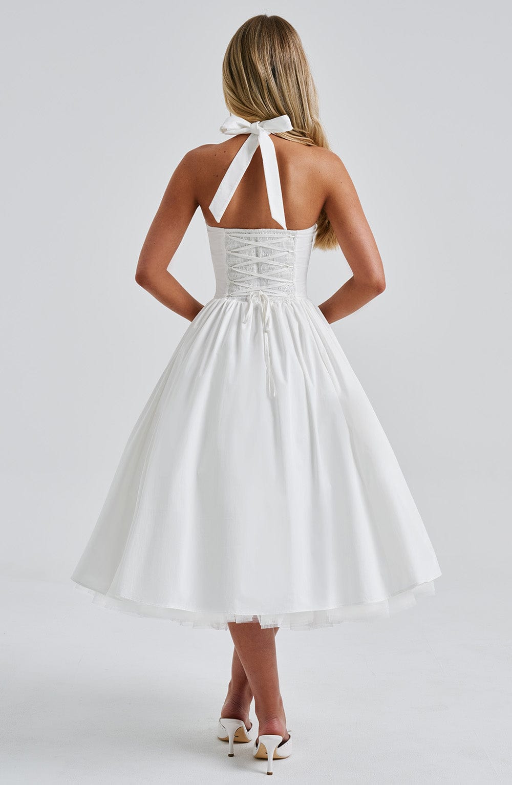 Lydia | Women's Halter Midi Dress for Wedding Guests