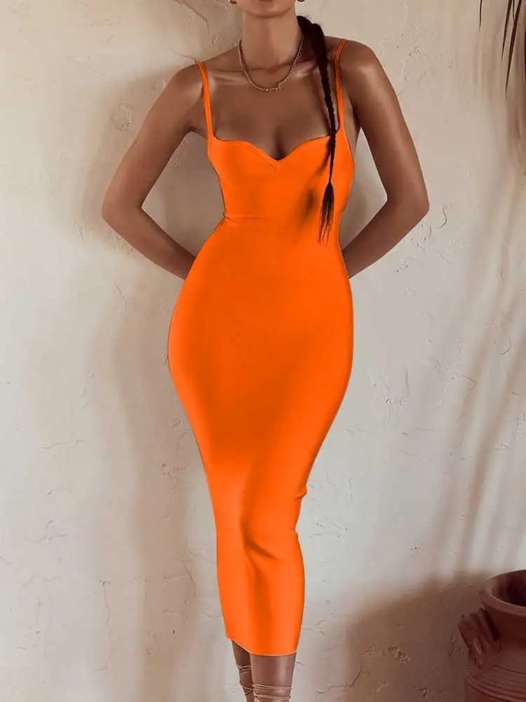 Women Sexy Strap Backless Bodycon Dress Female Midi Evening Club Party Dress Midi Dress Milanni Fashion Orange XS 