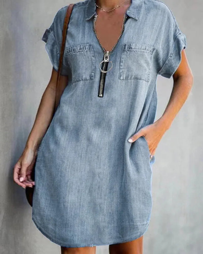 Short Sleeve Turn Down Collar Zipper Mini Dress Digital Print Imitation Denim Casual Women Dress Milanni Fashion