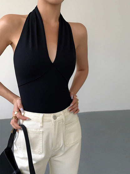 Saskia | Halter V Neck Open Back Top