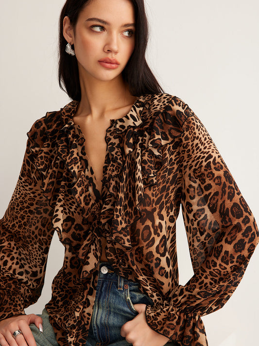 Eva | Women's Summer Leopardenbluse with Rüschenkragen