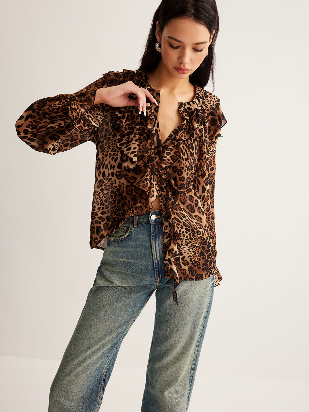 Eva | Women's Summer Leopardenbluse with Rüschenkragen