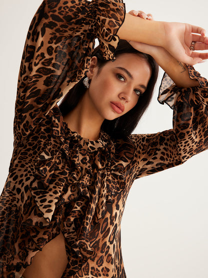 Eva | Women's Summer Leopardenbluse with Rüschenkragen