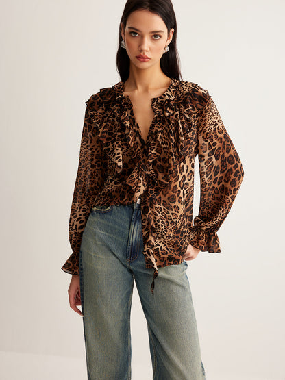 Eva | Women's Summer Leopardenbluse with Rüschenkragen