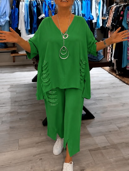 Pearl | Women's Casual 2 Piece Set V-Neck Top and Cropped Pants