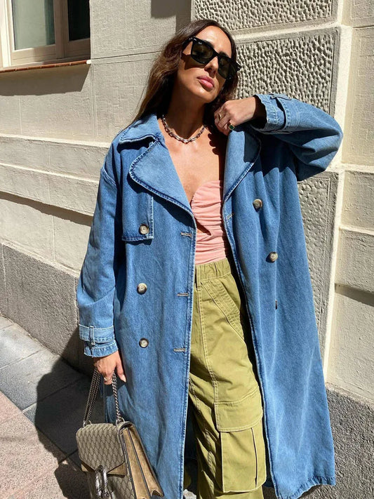 Carolin | Women's Long Jeans-Trench Coat with Belt