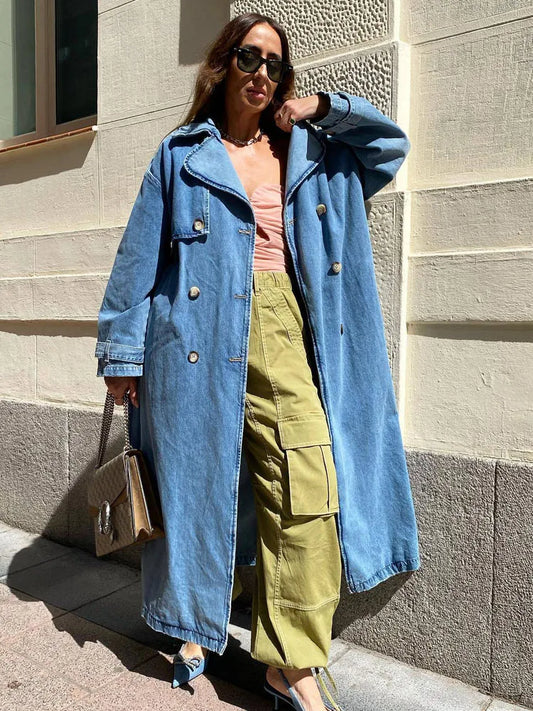 Carolin | Women's Long Jeans-Trench Coat with Belt