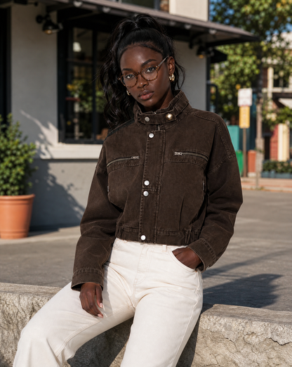 Margaux | Women's Structured Cropped Brown Denim Jacket