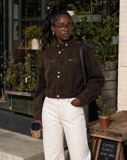 Margaux | Women's Structured Cropped Brown Denim Jacket