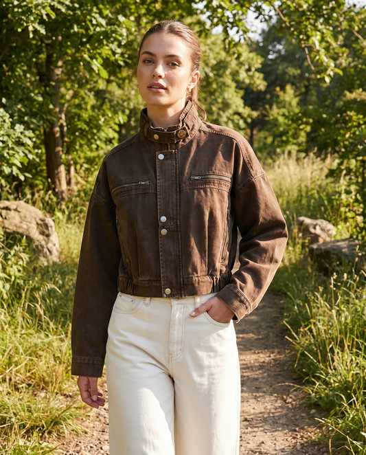 Margaux | Women's Structured Cropped Brown Denim Jacket