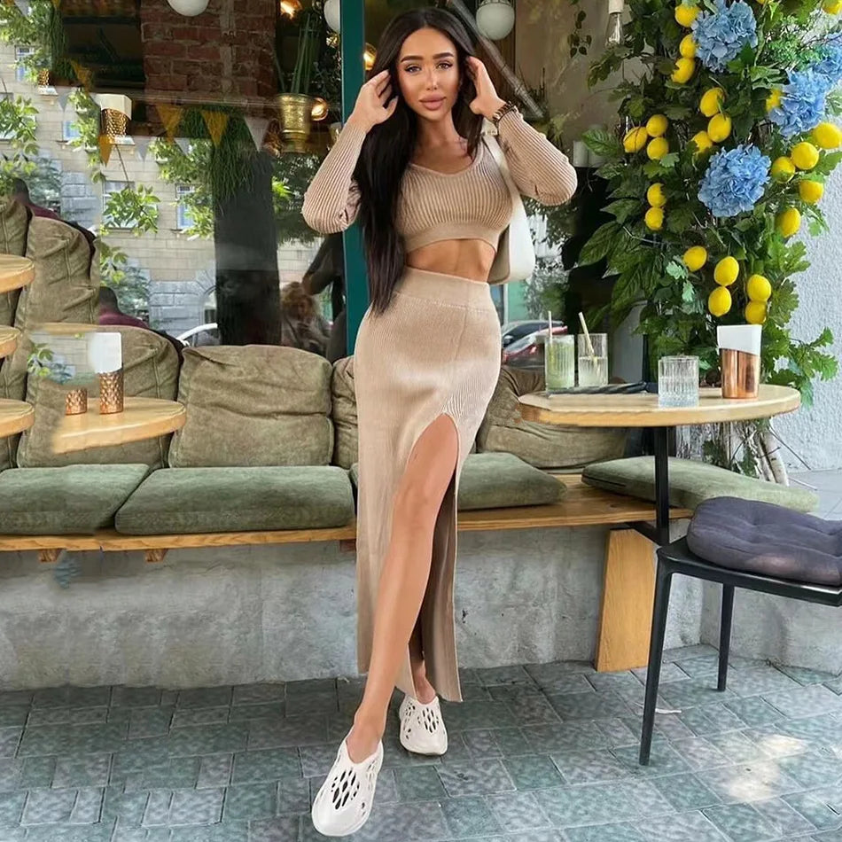 Women Sexy Knitted Sweater Skirt Suit Fashion Long Sleeve Crop Tops And Long Split Skirt Two Piece Set  Milanni Fashion   