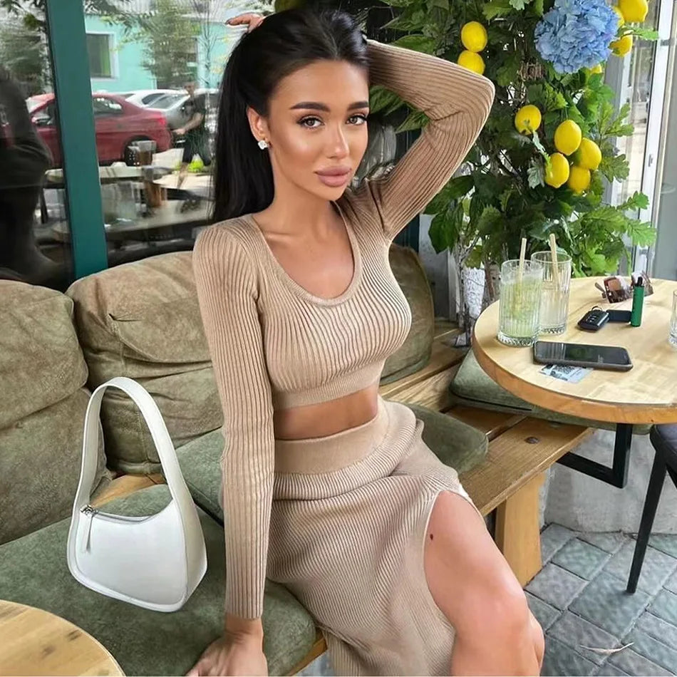 Women Sexy Knitted Sweater Skirt Suit Fashion Long Sleeve Crop Tops And Long Split Skirt Two Piece Set  Milanni Fashion Khaki M 