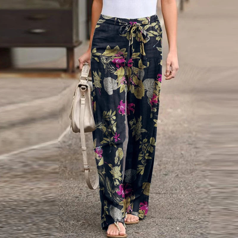 Spring Fashion High Waist Drawstring Straight Loose Pants Vintage Printed Casual Trousers for Women Milanni Fashion