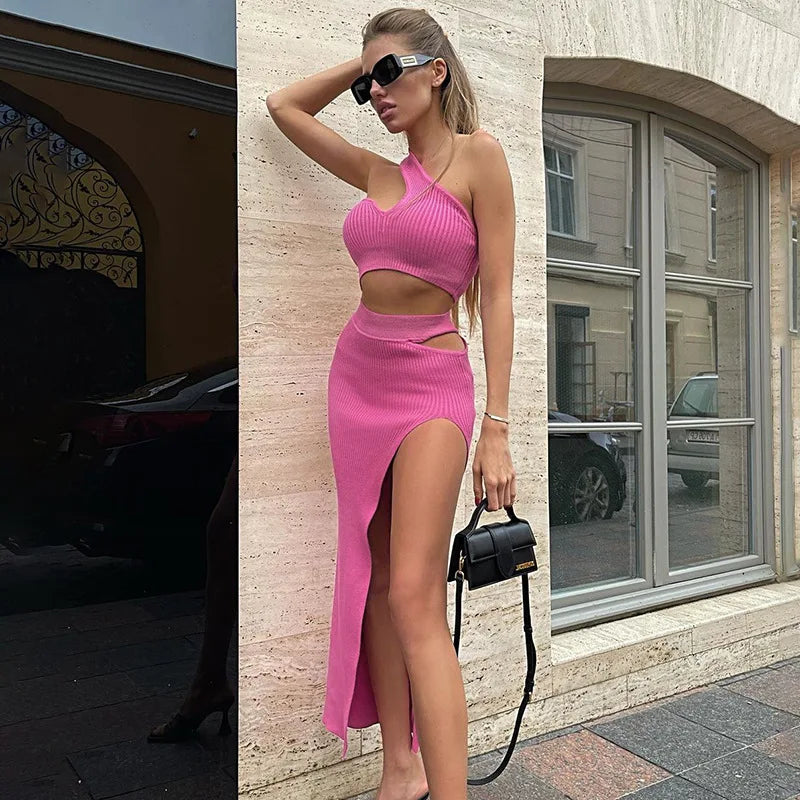 Knit Two Piece Dress Set for Women Summer Sexy Bodycon Split Midi Skirt & Off-Shoulder Cut-Out Crop Top Suit  Milanni Fashion   