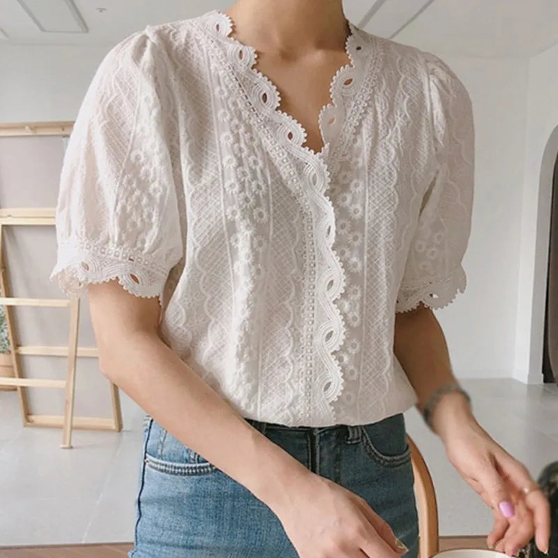 Office Ladies Lace Border Shirt Fashion Women Hollow Out White Blouse  Milanni Fashion   