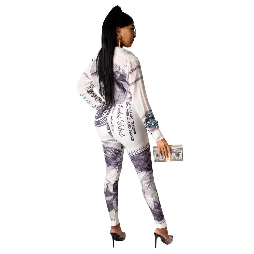 US Dollar Money Print Button-Up Top with Turn-Down Collar & Bodycon Pants Two Piece Set for Women  Milanni Fashion   