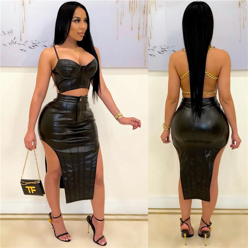 Sexy PU Leather Two Piece Set Women Chain Backless Crop Top and Midi Skirt Clubwear Birthday Dress Set Milanni Fashion