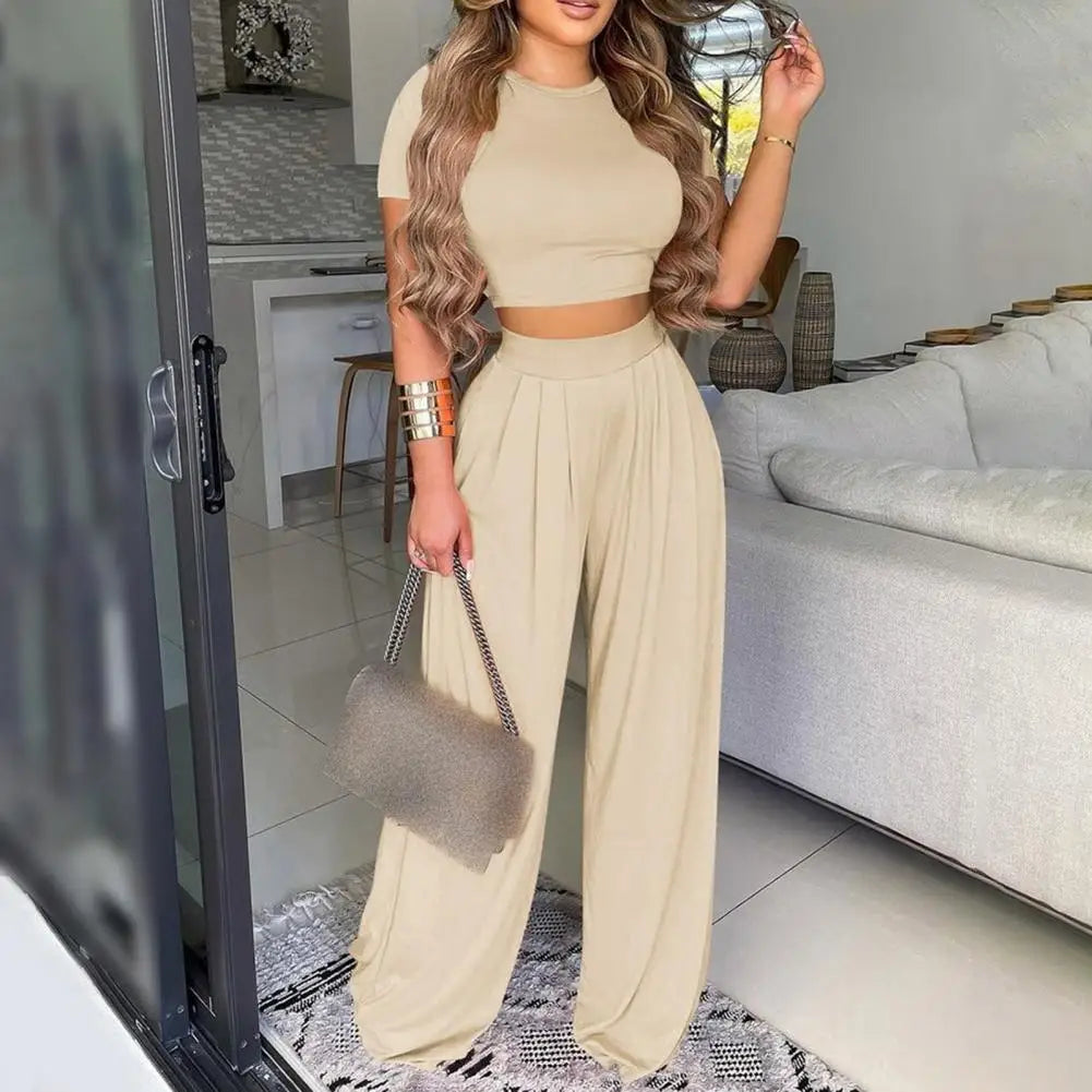 Elegant Women Solid Casual Fitness Tracksuit - Short Sleeve Crop Top & Trouser Flare Pant  Milanni Fashion   