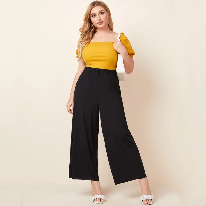 Elastic Waist Plus Size Wide Leg Pants Trendy Summer Elegance with Lettuce Trim Design for Women Milanni Fashion