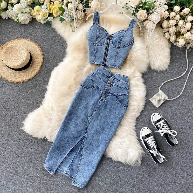 Denim Vest and Skirt Set Strapped Top with Button Details and Skirt Suit Casual Chic Women's Outfit Milanni Fashion Blue