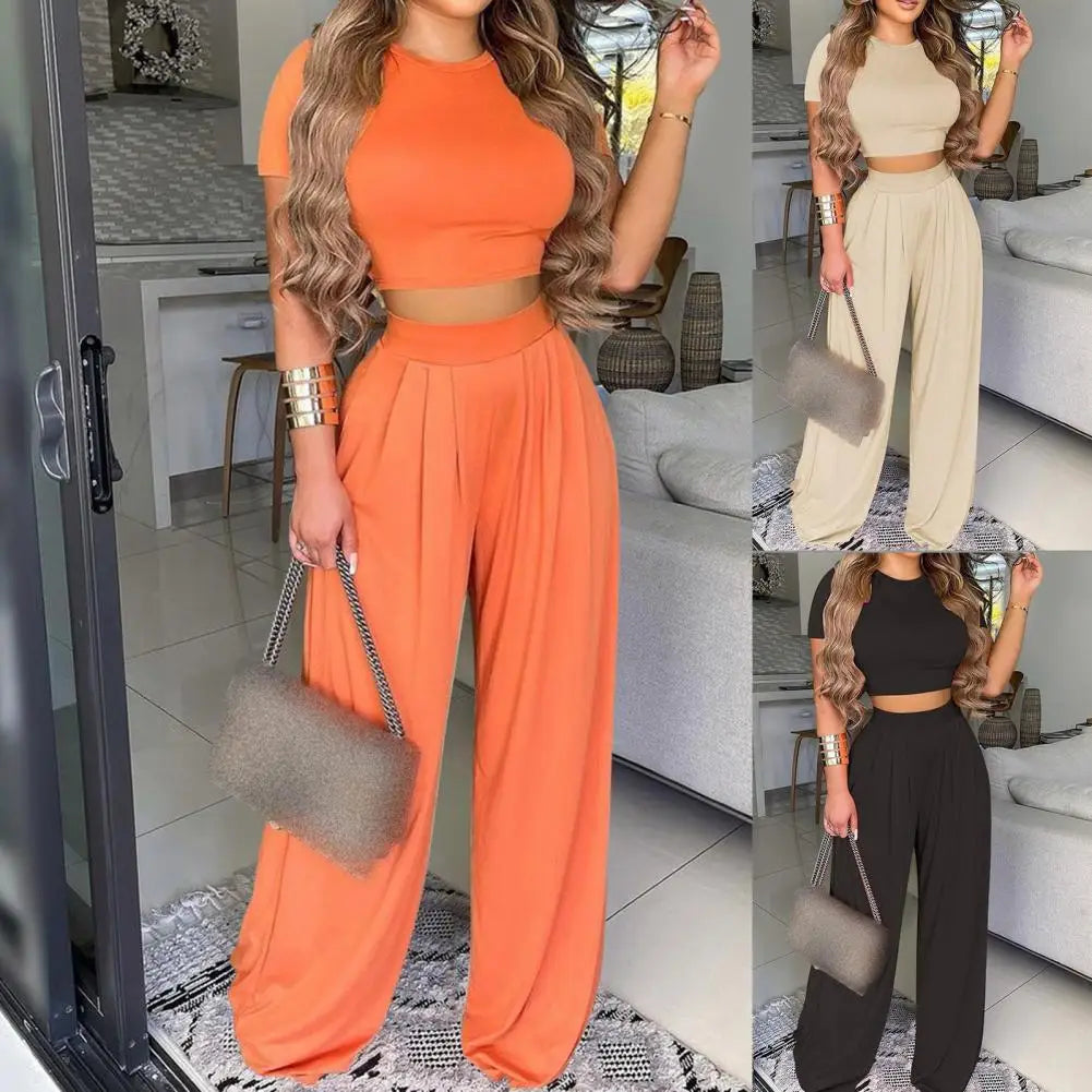 Elegant Women Solid Casual Fitness Tracksuit - Short Sleeve Crop Top & Trouser Flare Pant  Milanni Fashion   