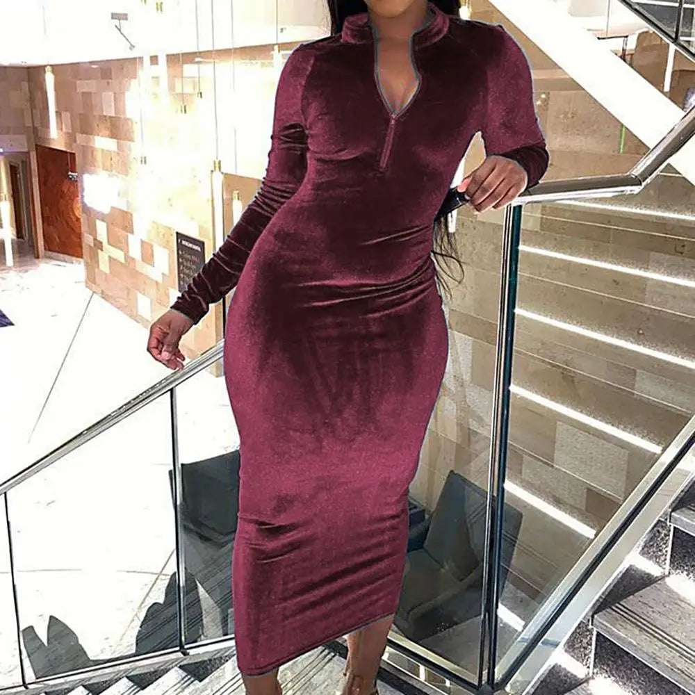 Women Solid Color Zipper Dress Autumn Winter Long Sleeve Bodycon Midi Dress  Milanni Fashion   