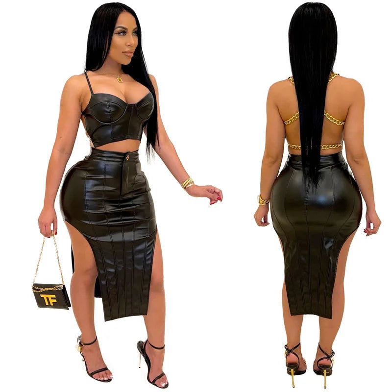 Sexy PU Leather Two Piece Set Women Chain Backless Crop Top and Midi Skirt Clubwear Birthday Dress Set Milanni Fashion