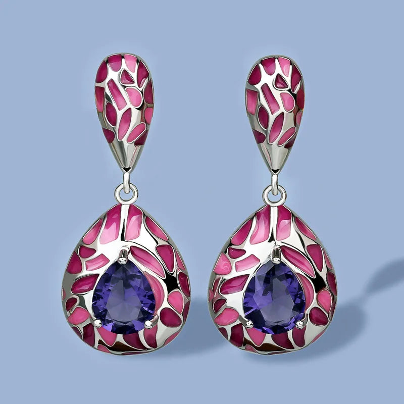 925 Silver Plated Purple Stone & Blue CZ Earrings, Handmade Enamel Fine Jewelry for Women Milanni Fashion