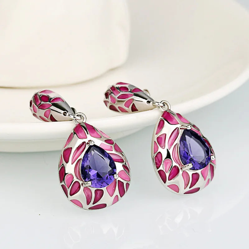 925 Silver Plated Purple Stone & Blue CZ Earrings, Handmade Enamel Fine Jewelry for Women Milanni Fashion