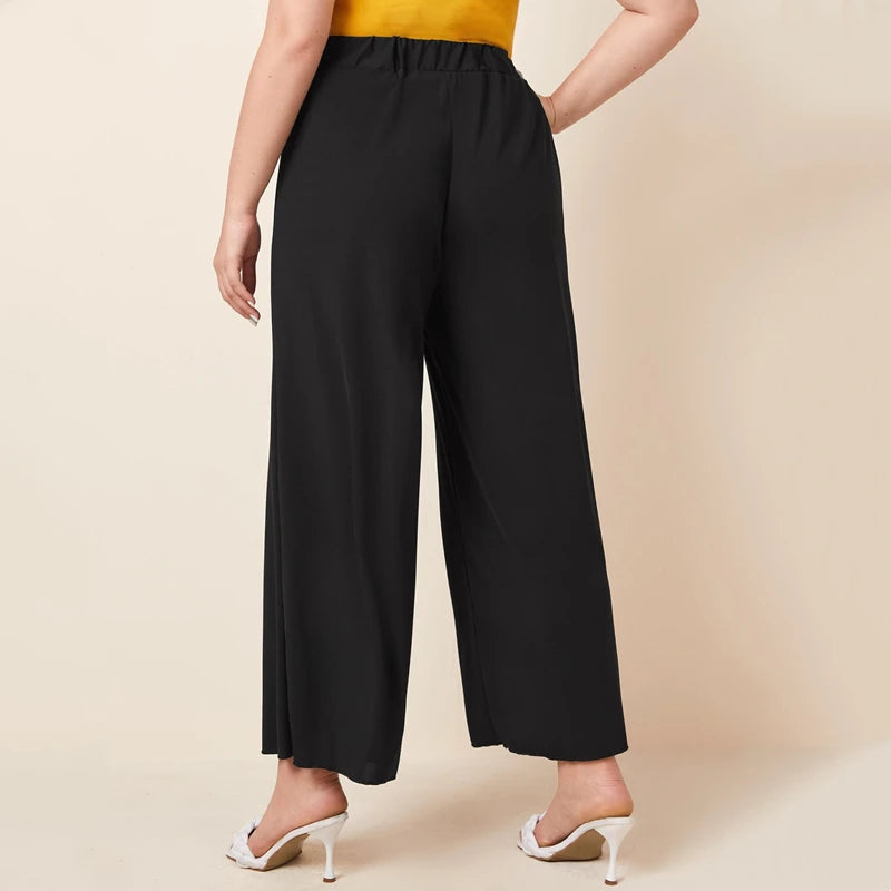 Elastic Waist Plus Size Wide Leg Pants Trendy Summer Elegance with Lettuce Trim Design for Women Milanni Fashion