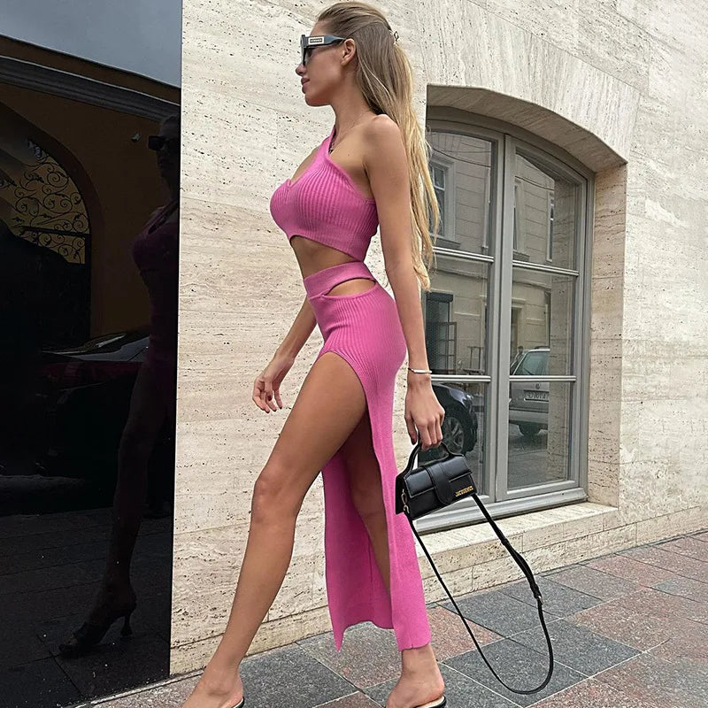 Knit Two Piece Dress Set for Women Summer Sexy Bodycon Split Midi Skirt & Off-Shoulder Cut-Out Crop Top Suit  Milanni Fashion   