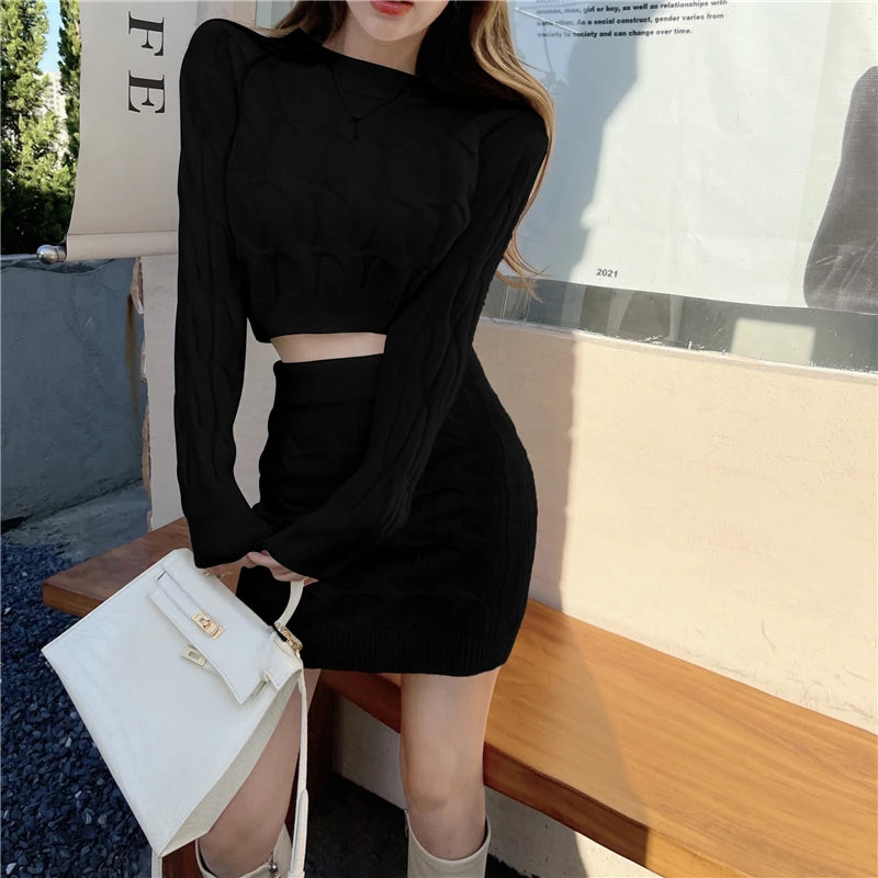 Elegant Winter Knitted Two Piece Set for Women O-Neck Sweater Crop Top & Mini Skirt Milanni Fashion