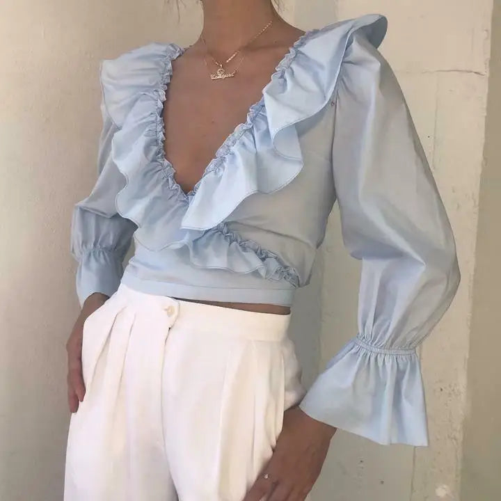 Fashion Ruffled V-Neck Crop Top with Long Puff Sleeves Blouse for Women Trendy and Stylish Design Milanni Fashion