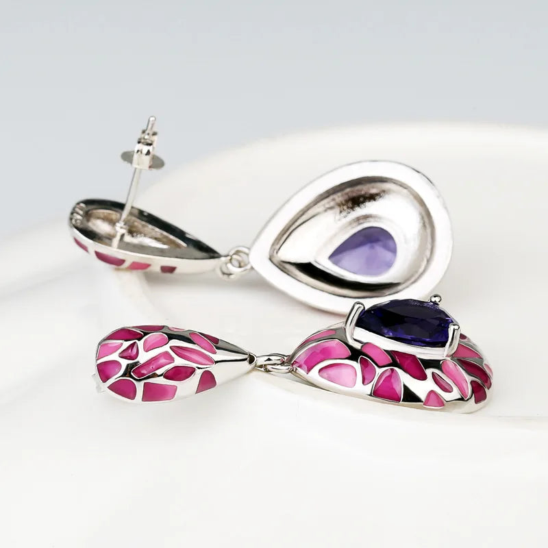 925 Silver Plated Purple Stone & Blue CZ Earrings, Handmade Enamel Fine Jewelry for Women Milanni Fashion