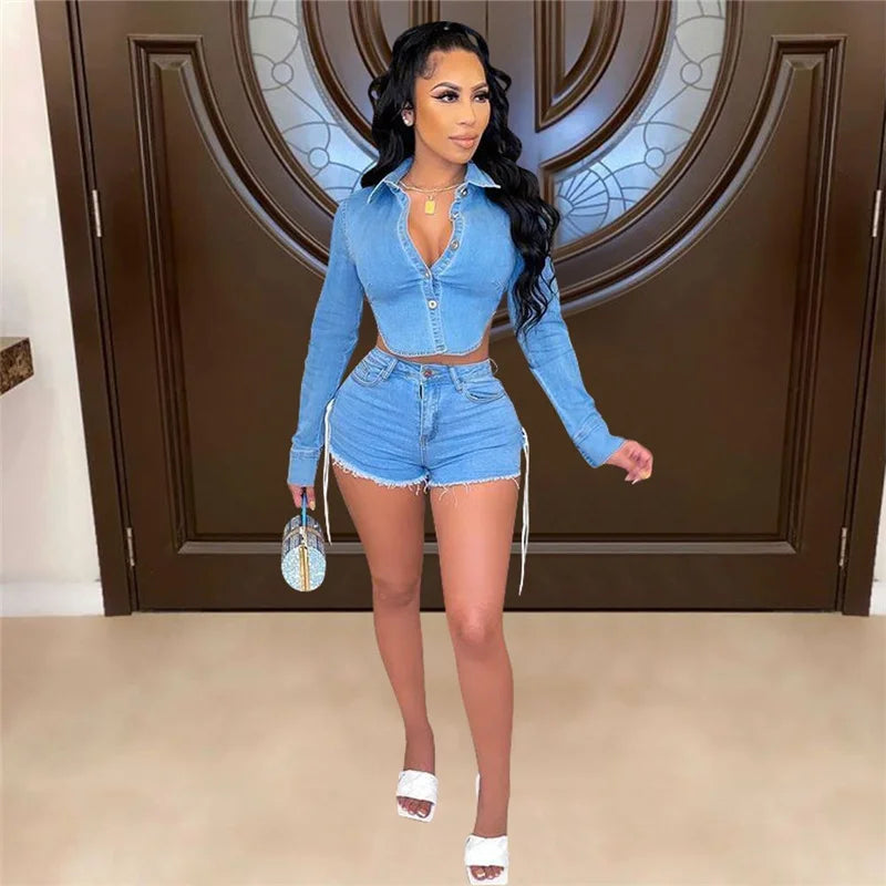 Women's Sexy Denim 2-Piece Set Backless Jacket Top & Lace-Up Shorts for Party Club Wear  Milanni Fashion   