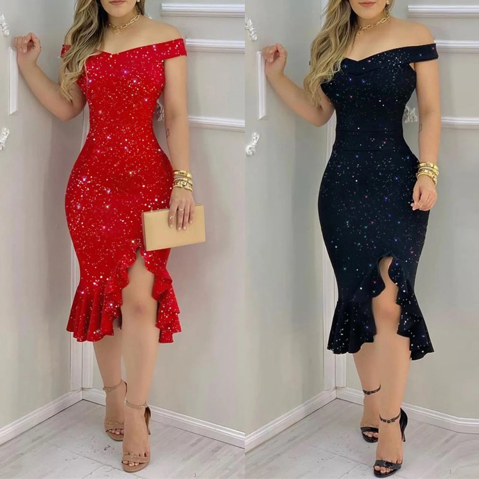 Elegant Party Dress Sexy Cold Shoulder Ruffle Robe Loose Hem Slit Dress  Milanni Fashion   