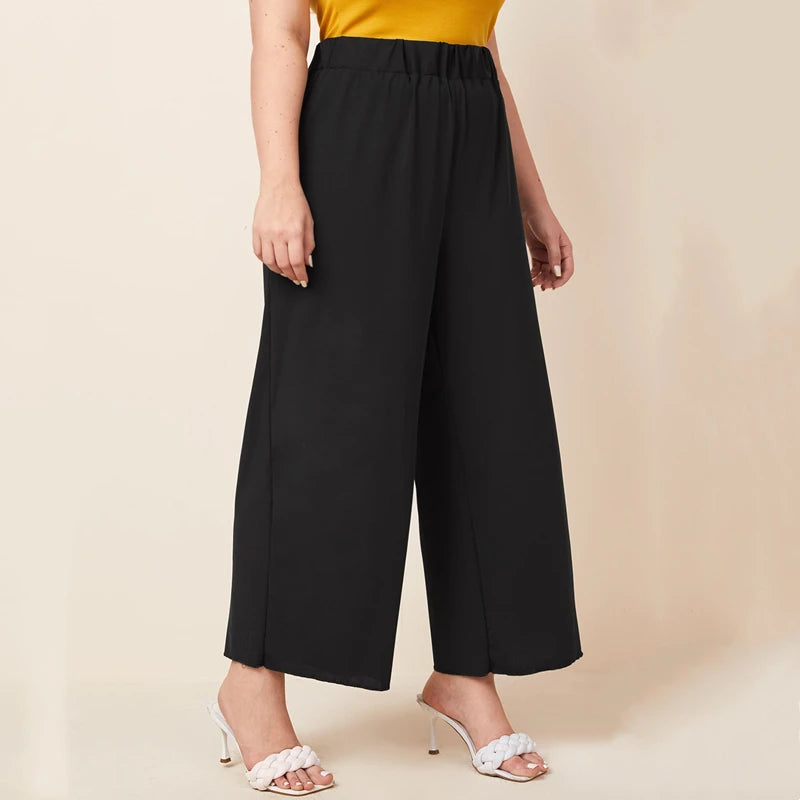 Elastic Waist Plus Size Wide Leg Pants Trendy Summer Elegance with Lettuce Trim Design for Women Milanni Fashion