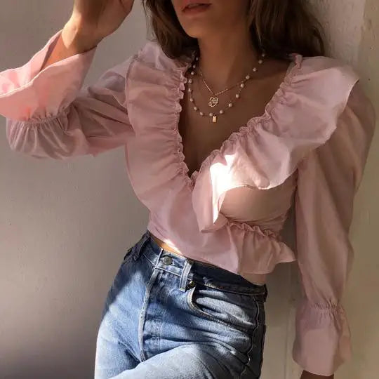 Fashion Ruffled V-Neck Crop Top with Long Puff Sleeves Blouse for Women Trendy and Stylish Design Milanni Fashion