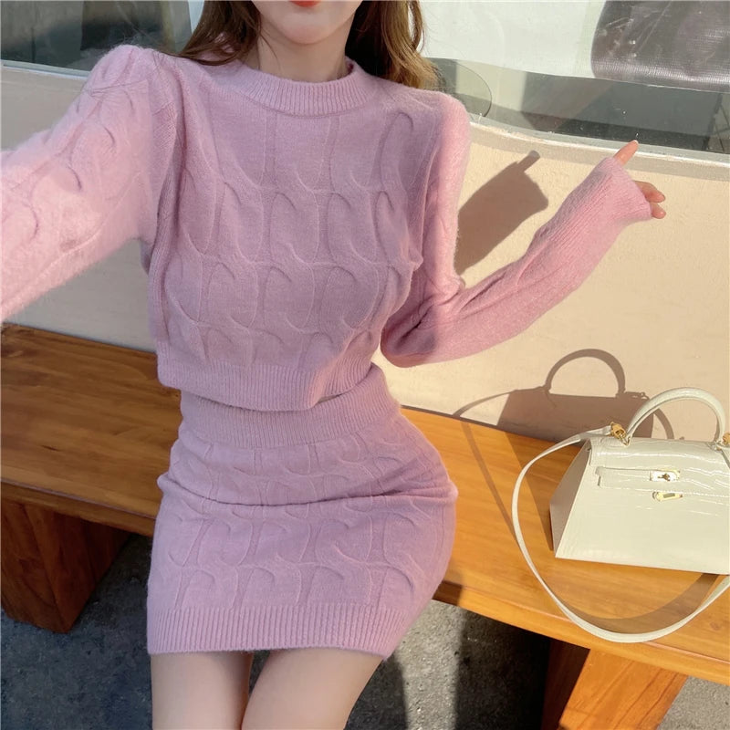 Elegant Winter Knitted Two Piece Set for Women O-Neck Sweater Crop Top & Mini Skirt Milanni Fashion