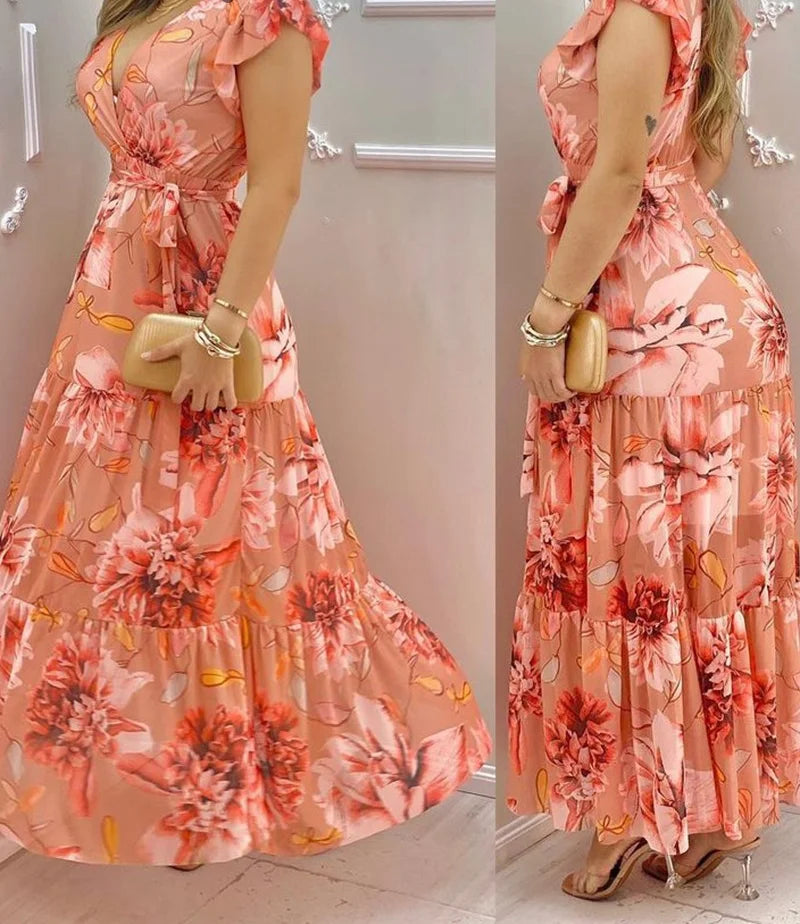 Women's V-neck Ruffle Sleeve Floral Print Chiffon Slim Long Dress Maxi Dress Milanni Fashion   