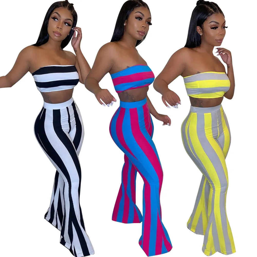 Striped Two Piece Set Sexy Crop Top and Pants Summer Outfit for Women Stylish Casual Fashion Set Milanni Fashion